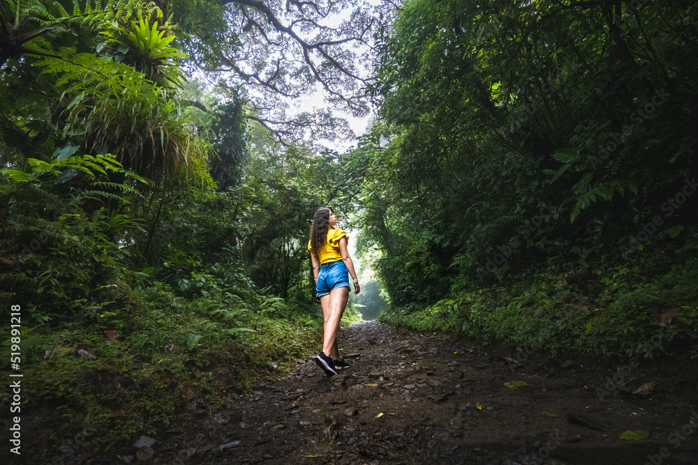 woman walking in the middle of the jungle