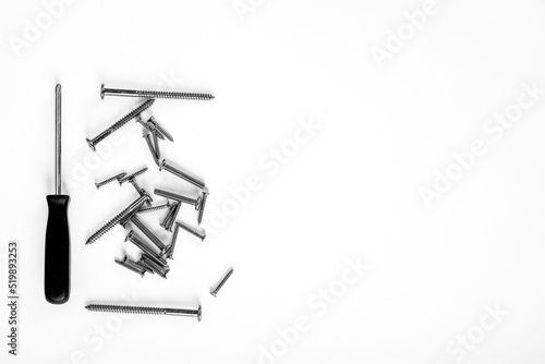 Steel wood screws isolated on a white background with space for copy