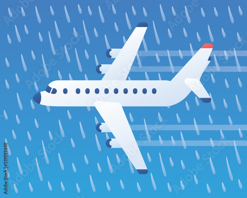 White jet passenger airplane flying in a dark blue sky through the rain, rainstorm or non-flying rainy weather vector illustration.