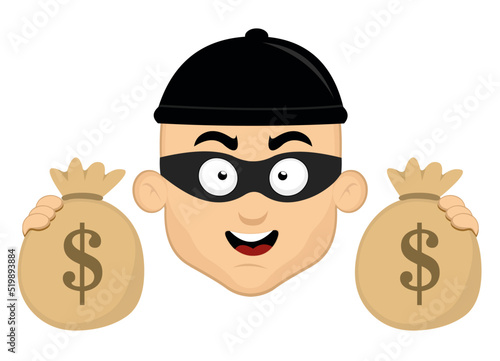 Vector illustration of the face of a cartoon thief with bags of money in his hands