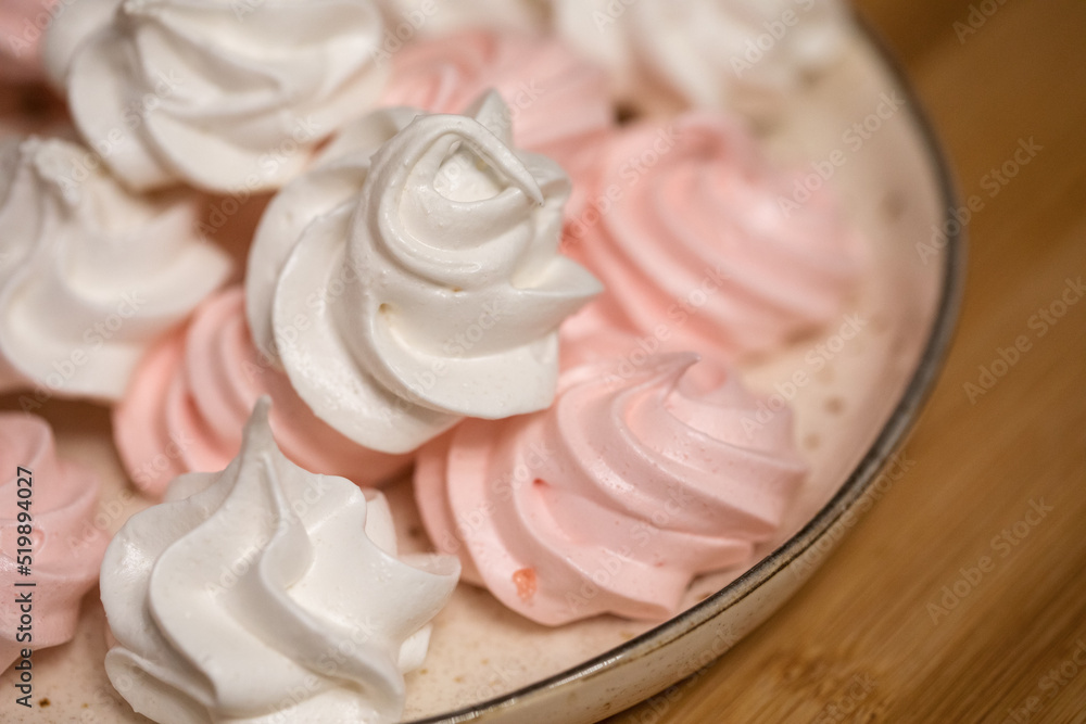 Air marshmallow homemade white and pink sweets on clay dish in wooden table home cooking homemade sweet snack healthy food