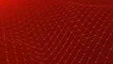 Metallic Red Mathematical Geometric Abstract Wave Dots-Line Grid under Black-Red Spot Lighting Background. Conceptual image of technological innovations, strategies and revolutions. 3D CG.