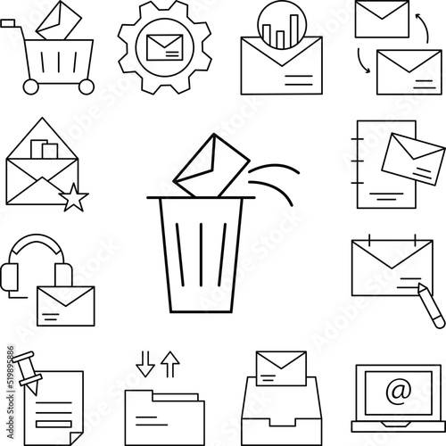 Trash, letter, envelope, icon in a collection with other items