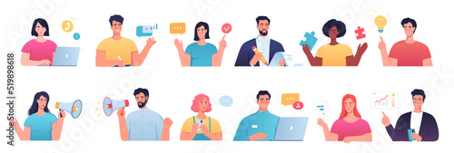 Different young modern people characters at work. Programmer, support worker, designer, accountant, writer, businessman, businesswoman, protesters, marketer