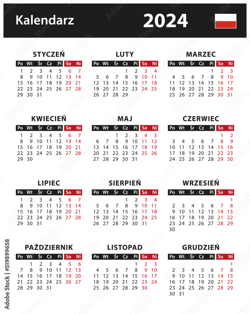 2024 Calendar vector stock illustration. Poland, Polish version