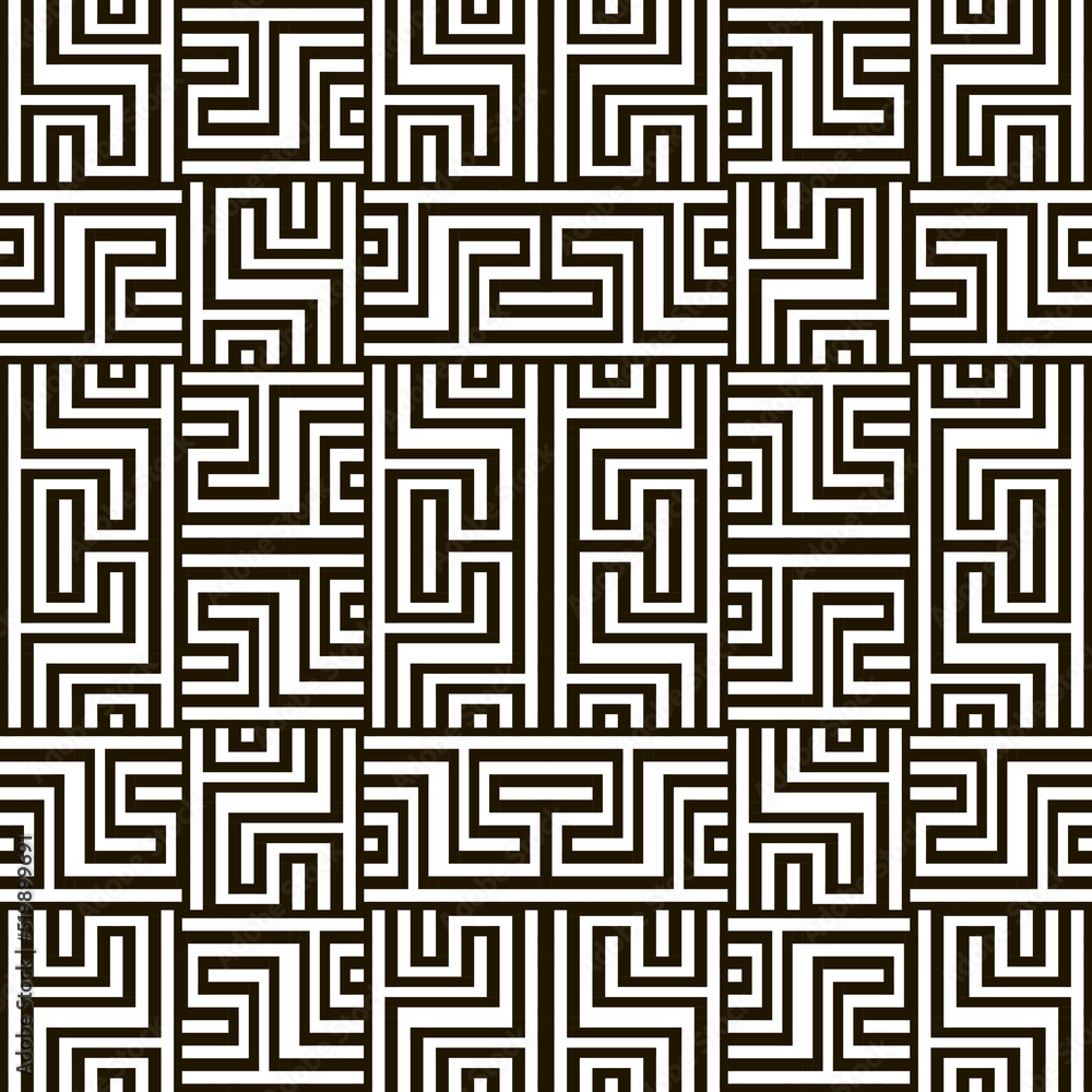 Geometric maze style greek seamless pattern. Ornamental vector background. Repeat trendy greek meanders backdrop. Black and white ornaments. Modern design. Endless ornate texture. For fabric, prints