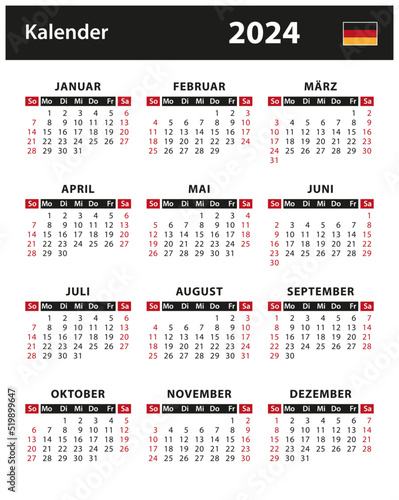 2024 Calendar - vector stock illustration. Germany, German version | Kalender 2024 - Vektorgrafik. Deutschland, deutsche Version