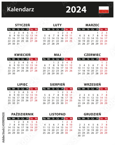 2024 Calendar - vector stock illustration. Poland, Polish version | Kalendarz 2024 - ilustracji wektorowych. Polska, wersja polska