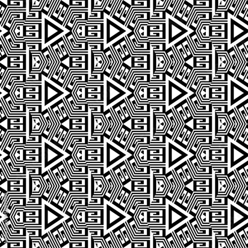 Triangles seamless pattern. Ornamental vector geometric background. Repeat trendy greek key meanders backdrop. Black and white triangles ornaments. Modern design. Endless texture. For fabric, prints