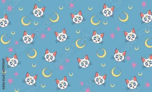 Photo Anime design of Artemis white cat Sailor moon colors form seamless pattern set