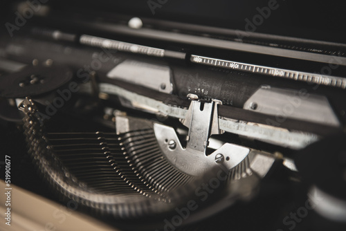 Closeup view of old vintage typewriter with black keys
