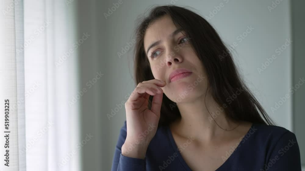 One confused woman thinking deeply about solution. Person in dilemma about choice One confused woman thinking deeply about solution. Person in dilemma about choice