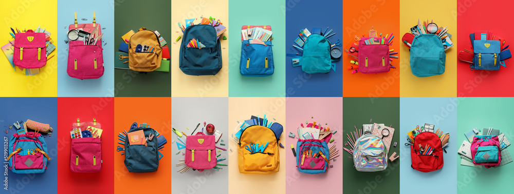 Set of school backpacks with stationery on color background - obrazy, fototapety, plakaty 