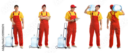 Set of Asian courier of water delivery service on white background