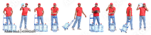 Set of African-American delivery man with bottles of water on white background