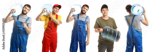 Set of couriers of water delivery service on white background