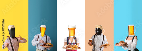 Set of people with beer instead of their heads and snacks on color background. Octoberfest celebration