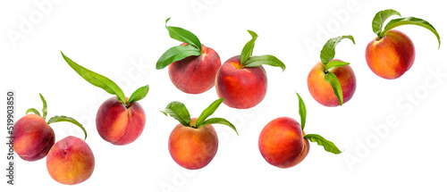 Fototapeta Naklejka Na Ścianę i Meble -  Flying ripe peaches on white background