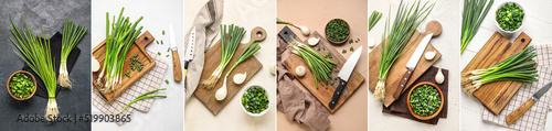 Collage with tasty green onion
