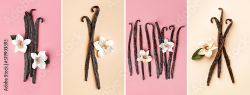 Foto Set of vanilla sticks on color background, top view