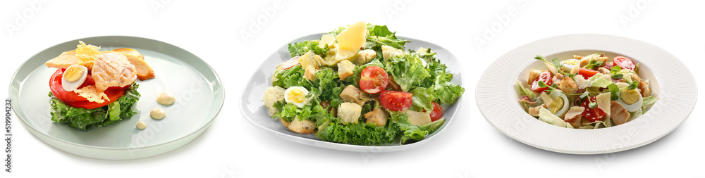 Set of tasty Caesar salad isolated on white Set of tasty Caesar salad isolated on white