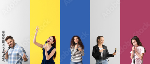 Set of different people with microphones on color background