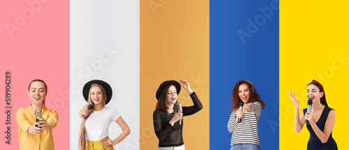 Set of different young women with microphones on color background