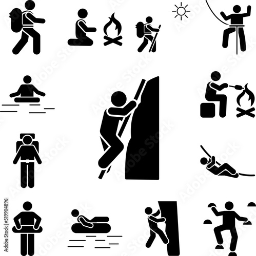 Adventure man mountain climbing icon in a collection with other items