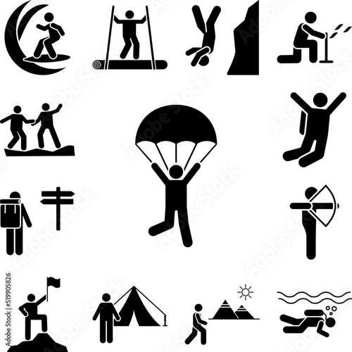 Man parachute skydiving travel icon in a collection with other items