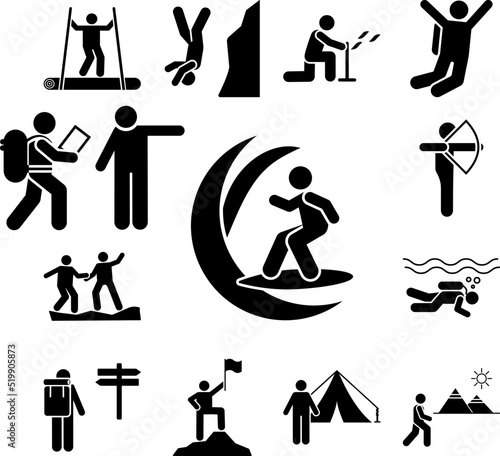 Man adventure surfing icon in a collection with other items