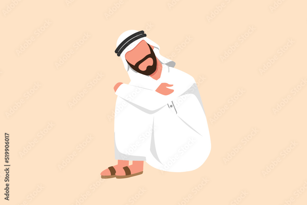 Business flat drawing depressed Arab businessman sitting in despair on the floor, suffer emotion sadness melancholy stress at office. Worker sad gesture expression. Cartoon design vector illustration Business flat drawing depressed Arab businessman sitting in despair on the floor, suffer emotion sadness melancholy stress at office. Worker sad gesture expression. Cartoon design vector illustration