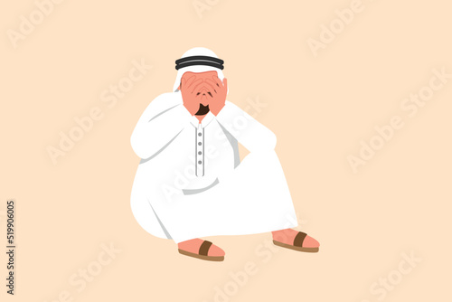 Business flat drawing sad depressed Arabian businessman cover his face by hands and sitting on the floor. Depression disorder, sorrow, disappointment symptom. Cartoon style design vector illustration
