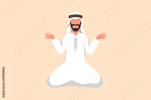 Business flat cartoon style drawing depressed Arabian businessman kneeling and pray. Losing money, economy crisis, bankrupt, sadness. Manager standing on his knees. Graphic design vector illustration