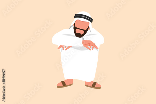 Business design drawing depressed Arabian businessman sadness melancholy stress sitting in despair on floor. Worker stressed losing job due to economic crisis. Flat cartoon style vector illustration