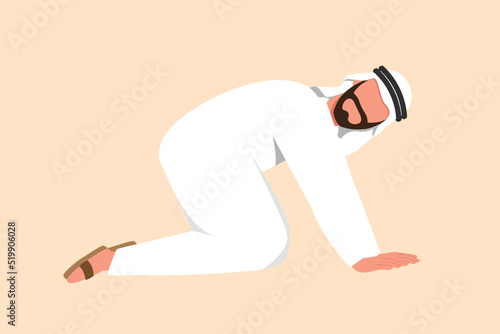 Business flat cartoon style drawing depressed Arab businessman crawling in despair on floor. Frustrated or stressed office worker losing job due to economic crisis. Graphic design vector illustration