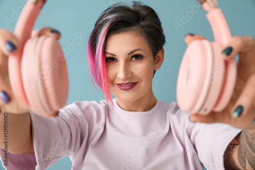 Beautiful woman with dyed h...