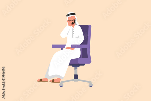 Business flat cartoon style drawing depressed Arabian businessman sitting on chair thinking about money for paying bills during crisis. Financial problem bankruptcy. Graphic design vector illustration