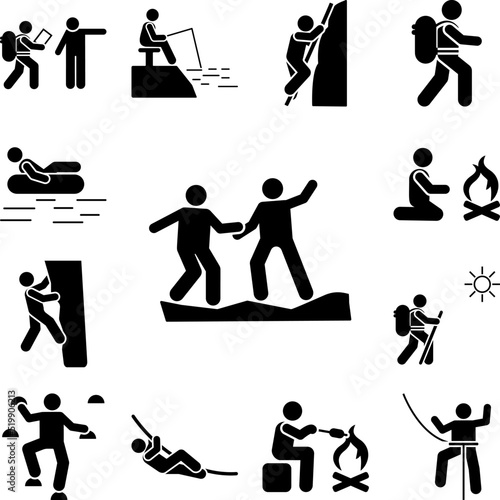 mans adventure help mountain climb icon in a collection with other items