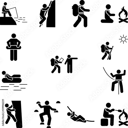 Mans asking direction backpacker icon in a collection with other items