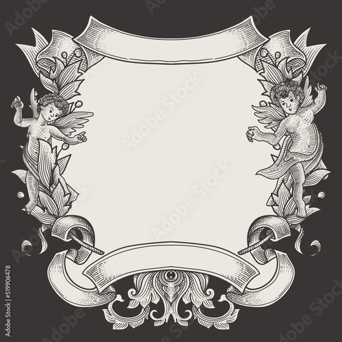vintage heraldic frame with angels and ribbon
