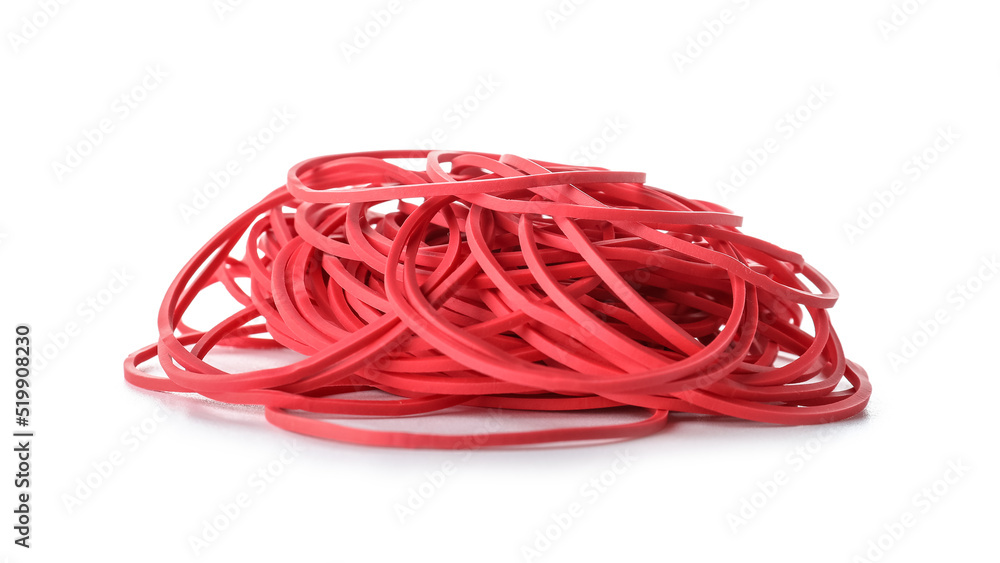 Heap of red rubber bands on white background