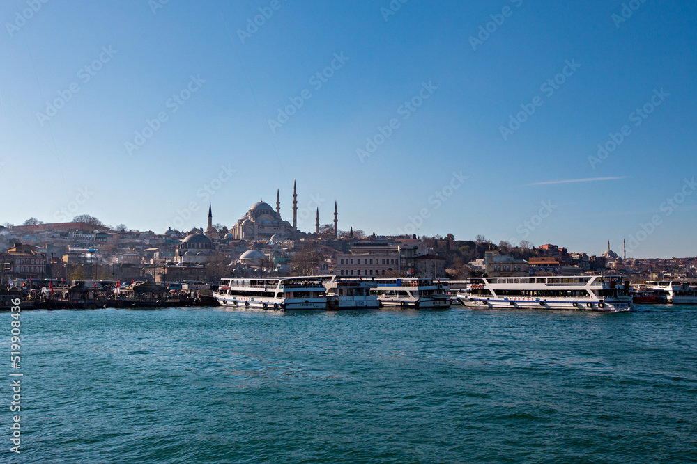 Istanbul skyline, View of Sultan Ahmet area, mosques, port, ships and Bosporus, Istanbul, Turkey
