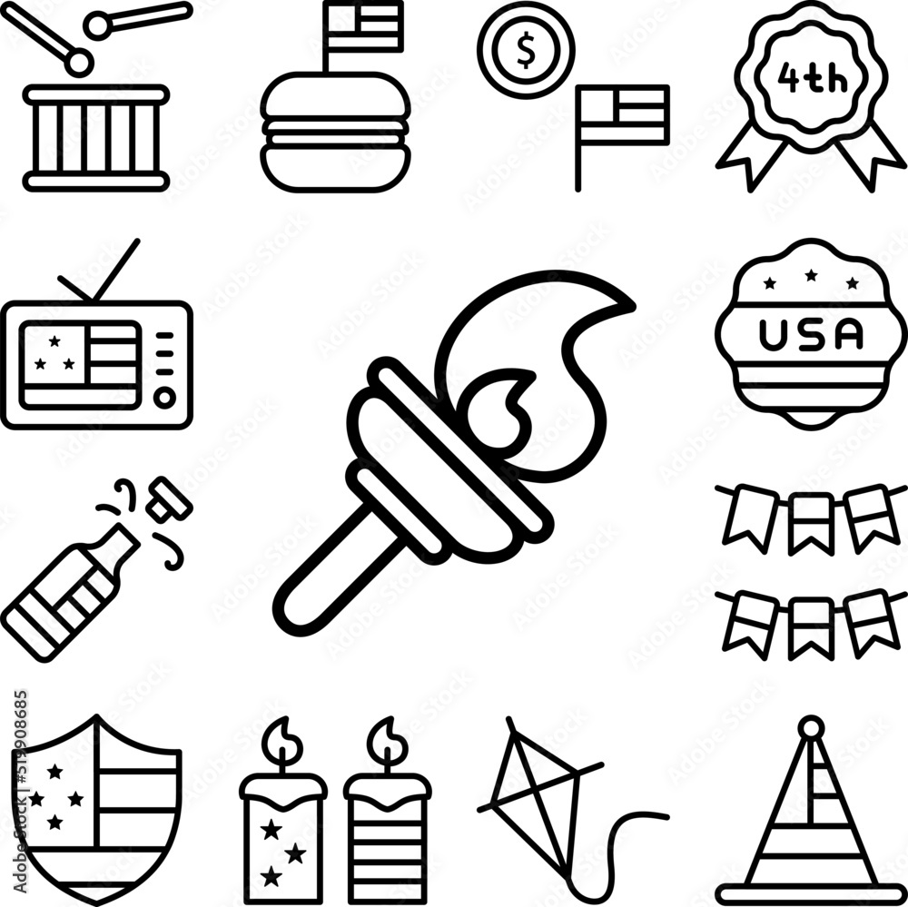 Burning fire USA flag icon in a collection with other items