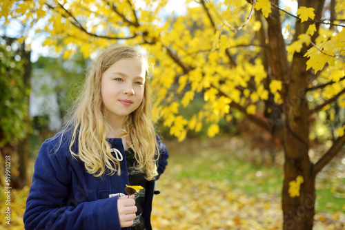 Adorable young girl having fun on beautiful autumn day. Happy child playing in autumn park. Autumn activities for children.