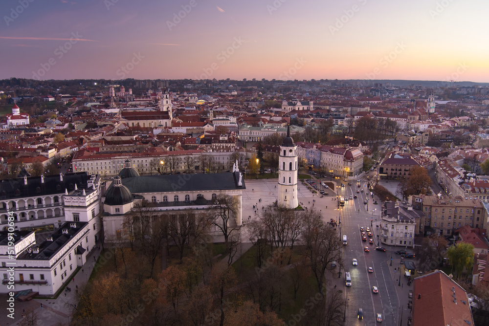 Beautiful Vilnius city panorama in autumn with orange and yellow foliage. Fall city scenery in Vilnius, Lithuania