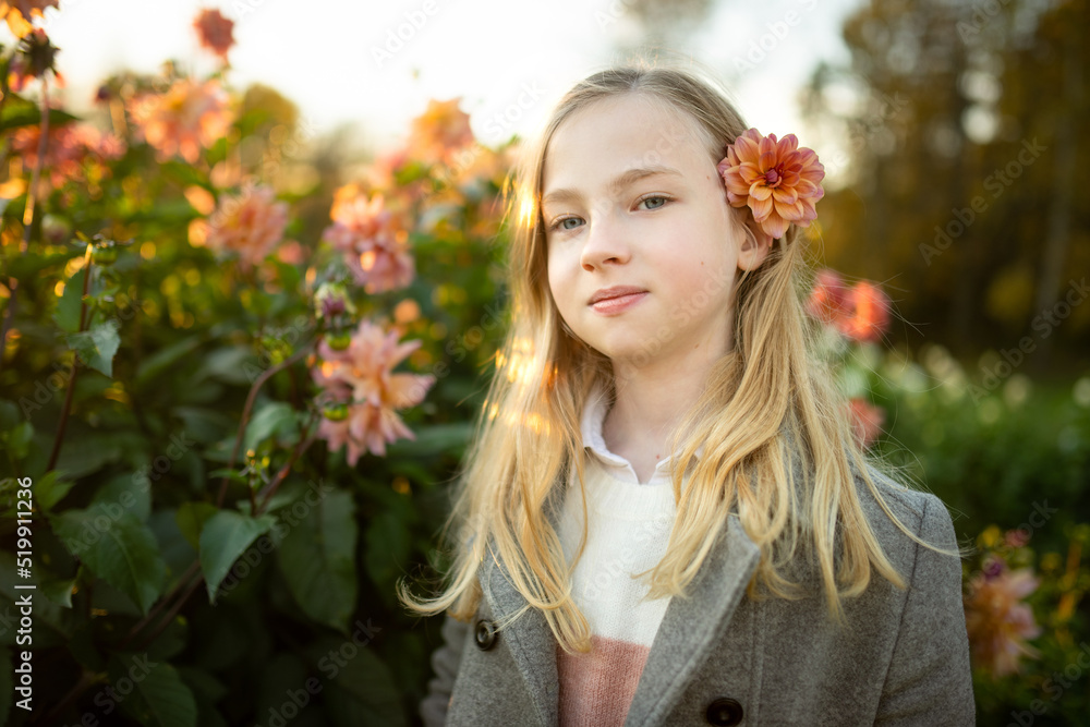 Naklejka premium Beautiful preteen girl in blossoming dahlia field. Child picking fresh flowers in dahlia meadow on autumn day.
