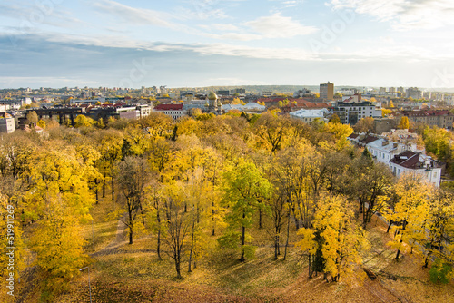 Beautiful Vilnius city panorama in autumn with orange and yellow foliage. Fall city scenery in Vilnius, Lithuania