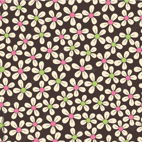 Colorful Pink and Green Small Scale Hand-Drawn Floral Vector Seamless Pattern. Retro 70s Style Nostalgic Fashion Textile Bold Background. Summer Resort Print. Daisies. Flower Power