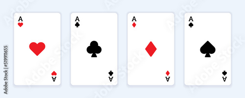 Set of heart, spade, club and diamond ace playing cards. Poker symbols vector illustration.