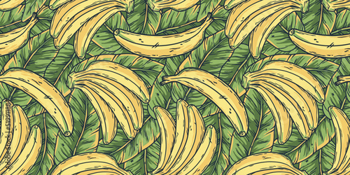 Banana fruit summer exotic wallpaper design. Seamless bright yellow bananas fruits pattern